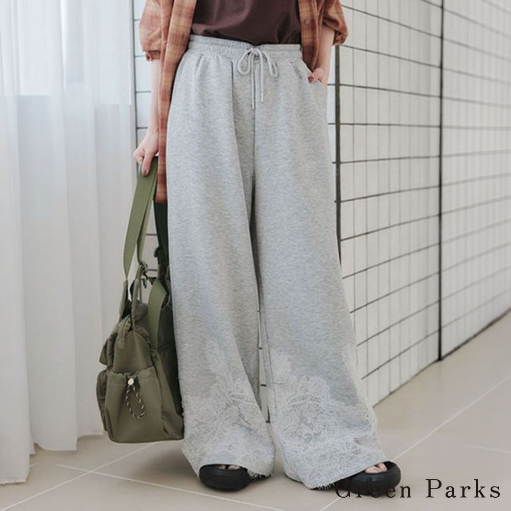 〔Green Parks〕綁帶腰際蕾絲拼接下擺寬褲