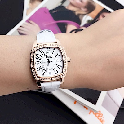 Folli Follie  29毫米 經典方形 歐美輕奢 鱷魚壓紋真皮腕錶(玫瑰金X白 FF505283)