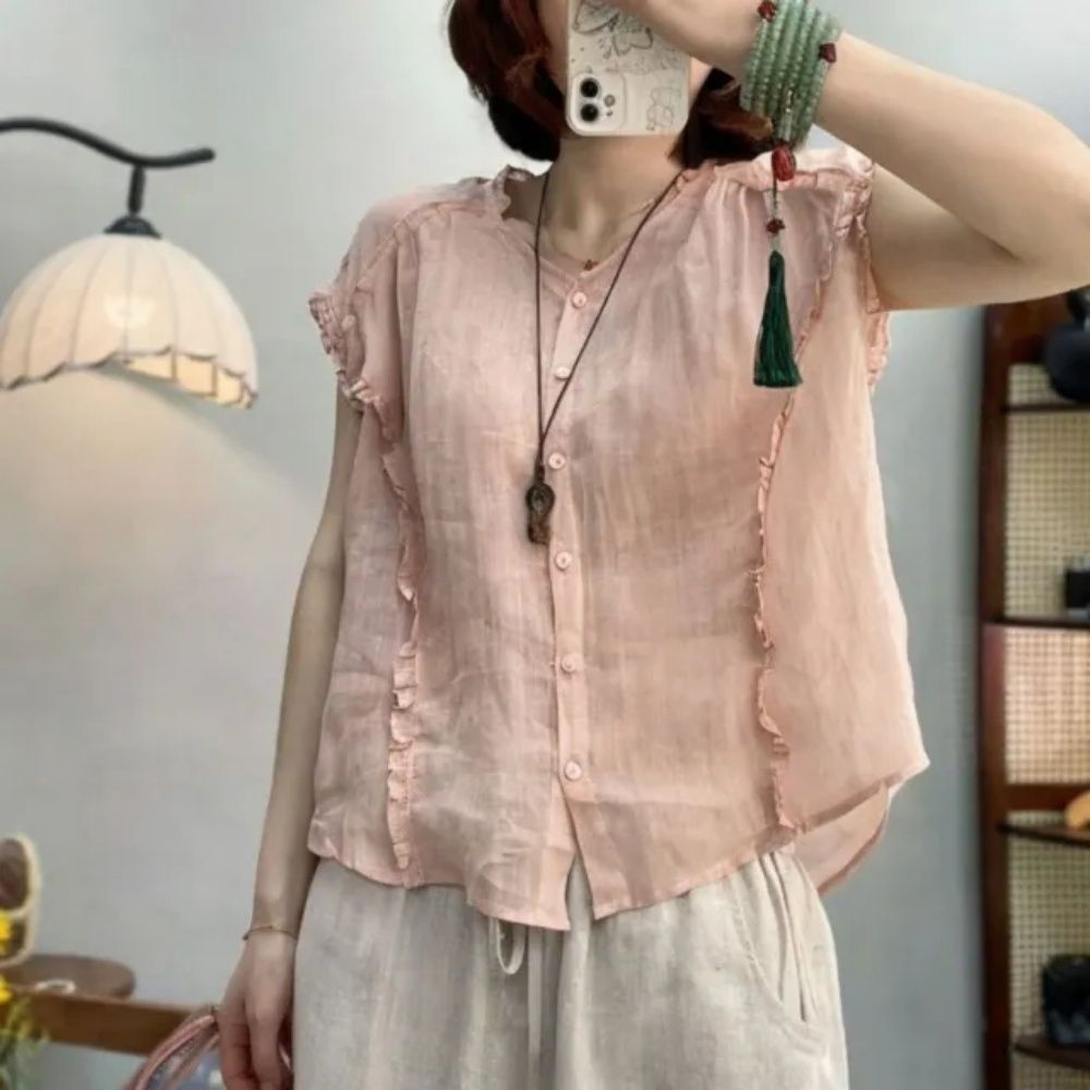 【LANNI 藍尼】★輕透荷葉邊棉麻感襯衫(女裝/女上衣/休閒/優雅/日系/通勤) (淺粉)
