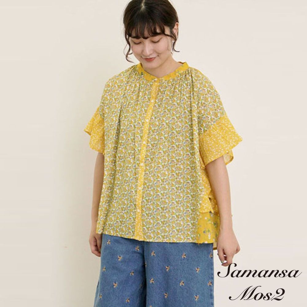 〚Samansa Mos2〛印度風碎花圖案荷葉邊短袖排釦襯衫