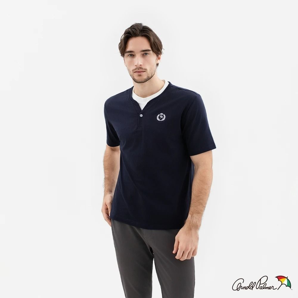 【Arnold Palmer 雨傘】男裝 假兩件圓領短袖T-Shirt（深藍色）
