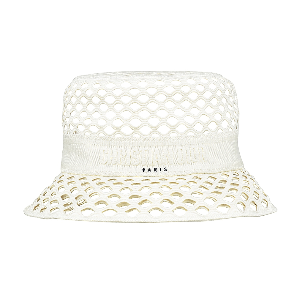 DIOR 迪奧 刺繡LOGO簍空洞洞設計棉質混紡漁夫帽(米白)