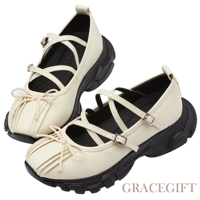 【Grace Gift】蝴蝶結細帶厚底瑪莉珍芭蕾舞運動鞋 米白