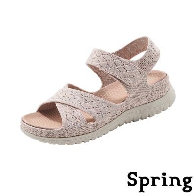 SPRING 厚底涼鞋/蕾絲飛織交叉厚底魔鬼粘休閒涼鞋 粉