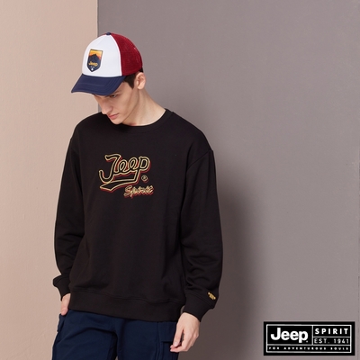 JEEP 男裝 復古感跳色LOGO刺繡大學T-黑色