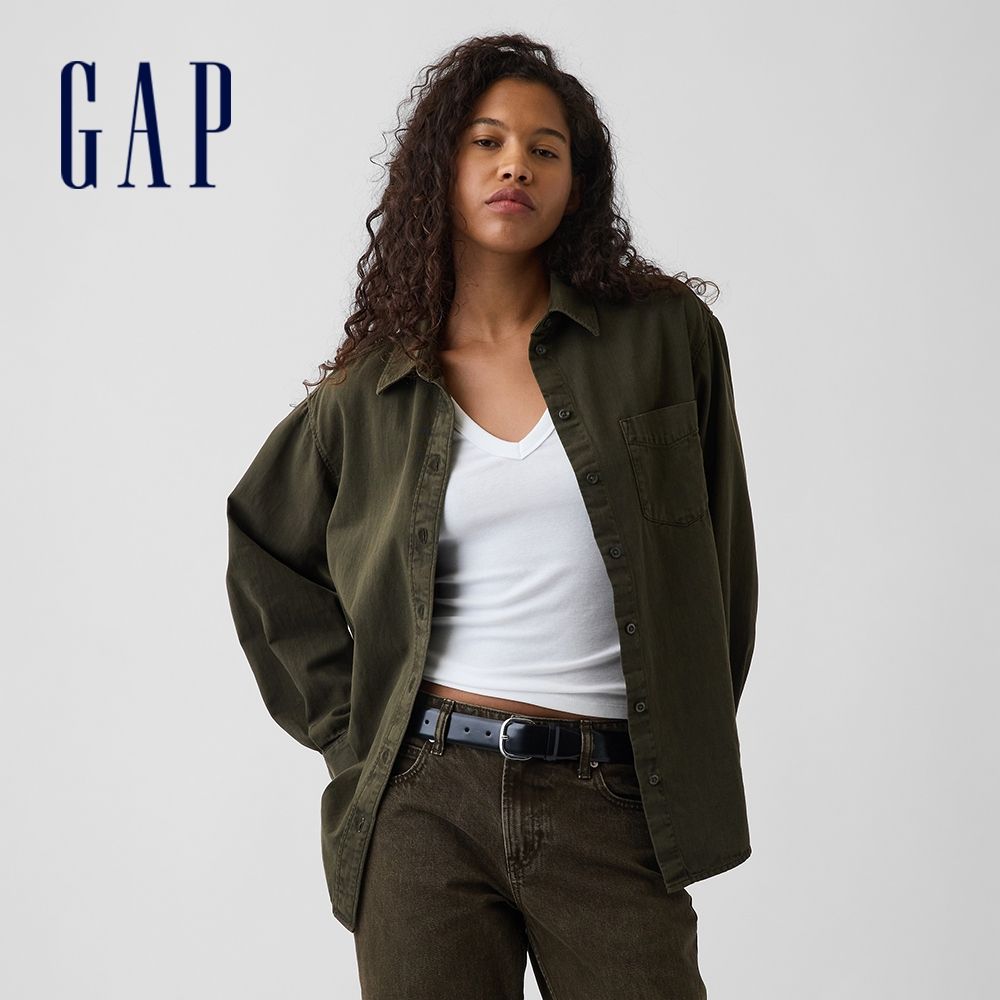 【GAP】寬版牛仔襯衫-深墨綠(913923) (深墨綠)