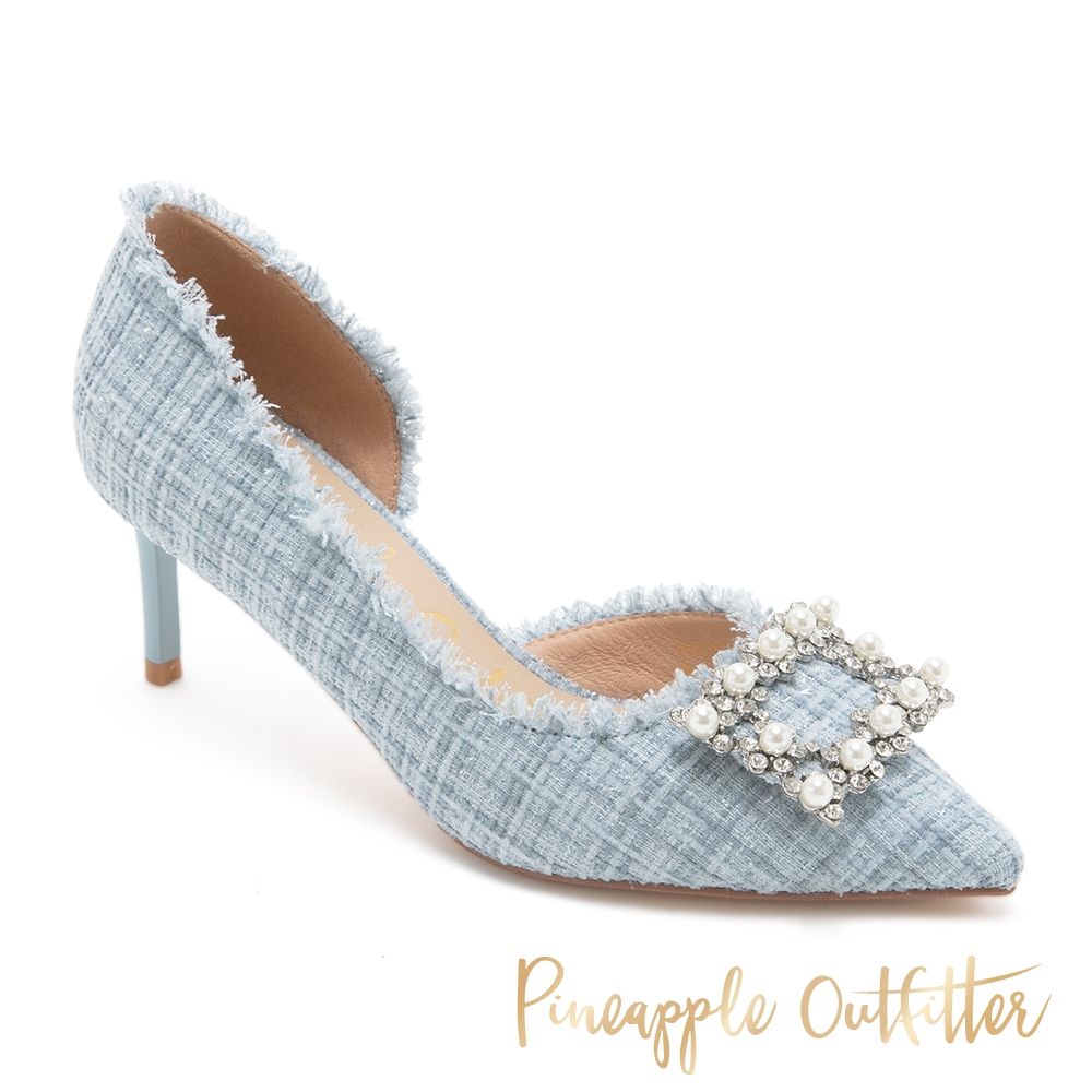【Pineapple Outfitter】法式優雅毛呢水鑽方扣尖頭高跟鞋 PADDY-藍色