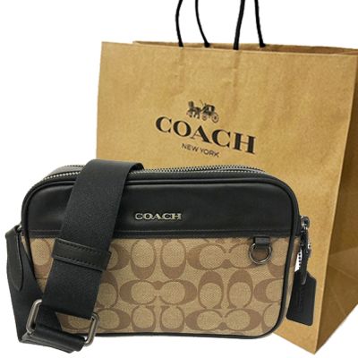 COACH 男款經典C LOGO雙層拉練郵差/斜背包附紙袋(焦糖/黑)