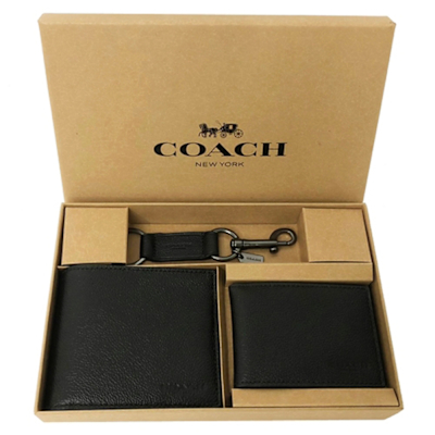 COACH 男款8卡短夾附鑰匙圈活動證件夾禮盒(黑)
