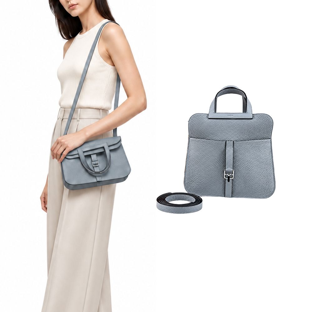 Hermes 愛馬仕 Halzan 25cm T/C 牛皮手拿/手提/肩背/斜背多用包(PO灰藍/G刻/銀釦)