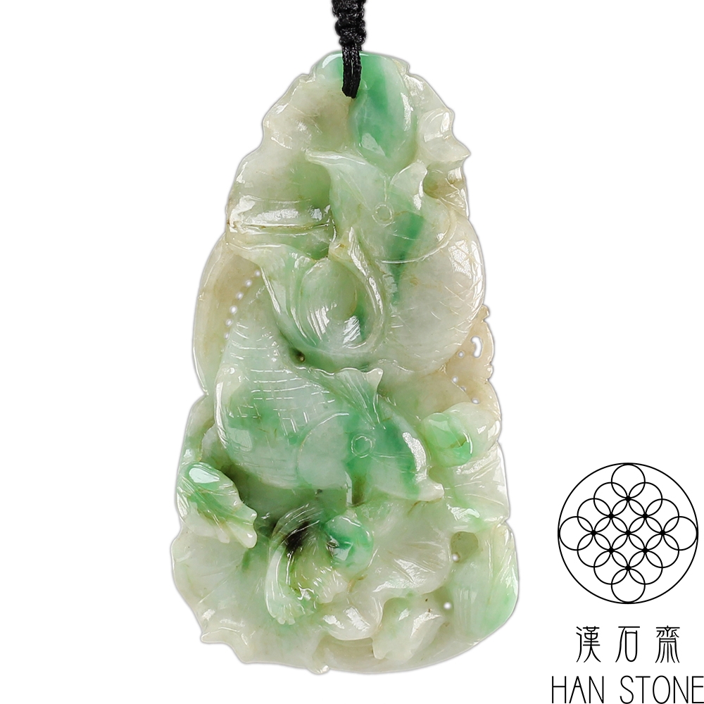 漢石齋】天然A貨飄花種翡翠蓮年有魚玉佩吊墜(41*74*9mm) | 漢石齋