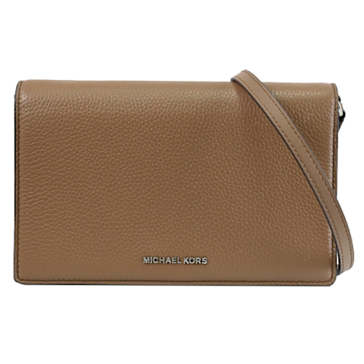 MICHAEL KORS Jet Set 金屬LOGO荔枝皮革翻蓋斜背包(棕)