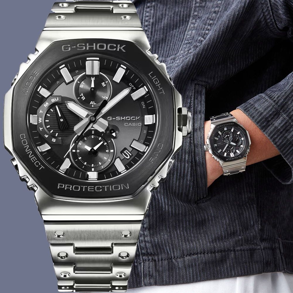 CASIO 卡西歐 G-SHOCK 全金屬八角太陽能藍芽計時錶 手錶 開學換新季 送禮推薦-銀x黑 GMC-B2100BT-1A