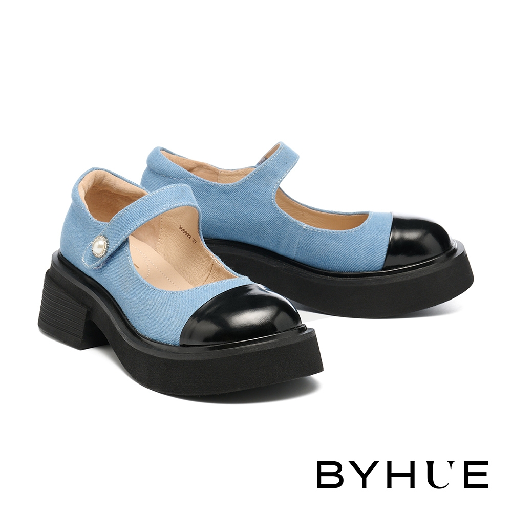 厚底鞋 BYHUE 優雅氣質鑲鑽珍珠魔鬼氈寬帶異材質瑪莉珍軟芯厚底鞋－藍