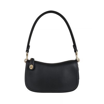 COACH SWINGER 20吊牌LOGO滑面牛皮璇扣拉鍊肩背腋下包(黑)