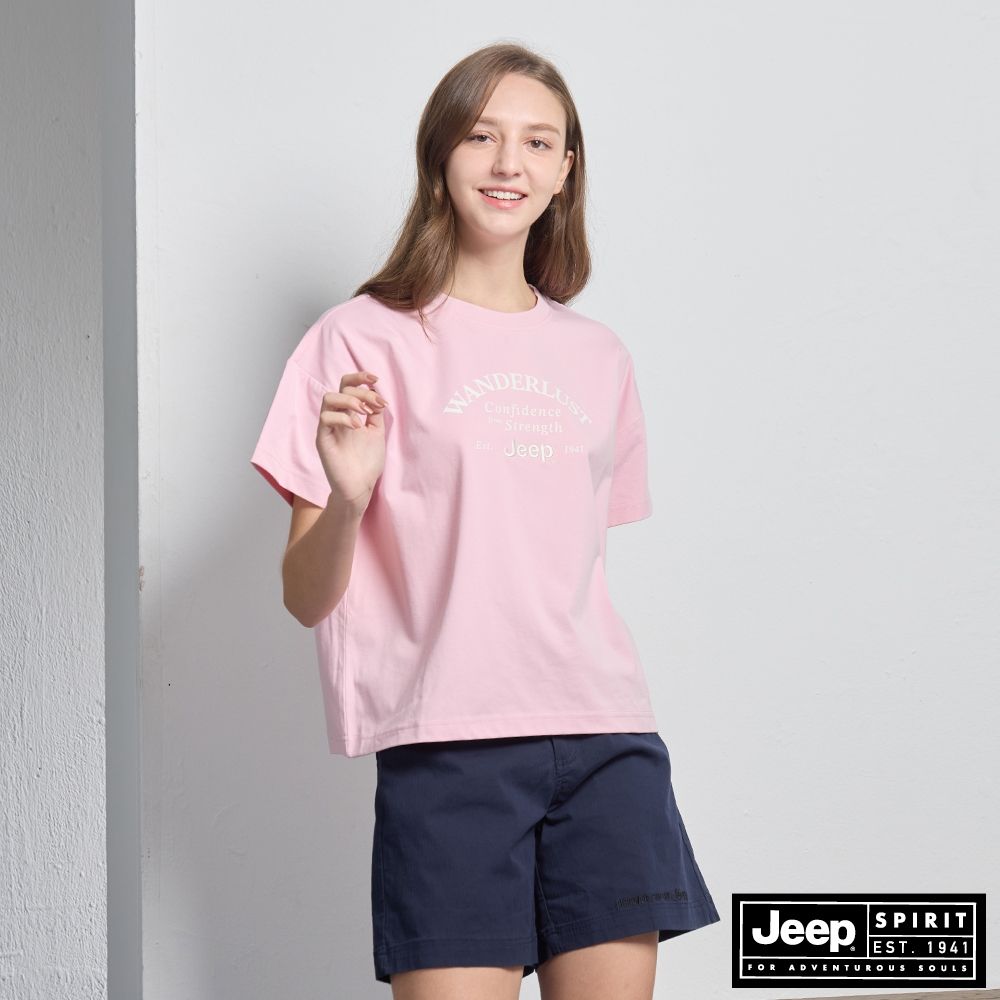 JEEP 女裝 美式刺繡短袖T恤-粉紅色
