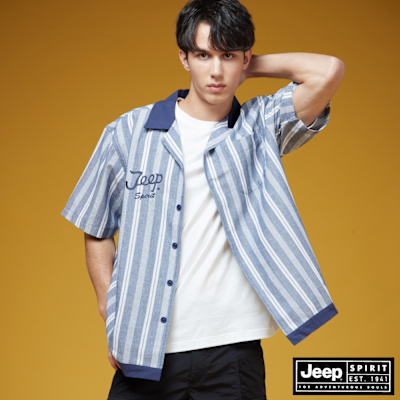 JEEP 男裝 跳色古巴領條紋短袖襯衫-藍色