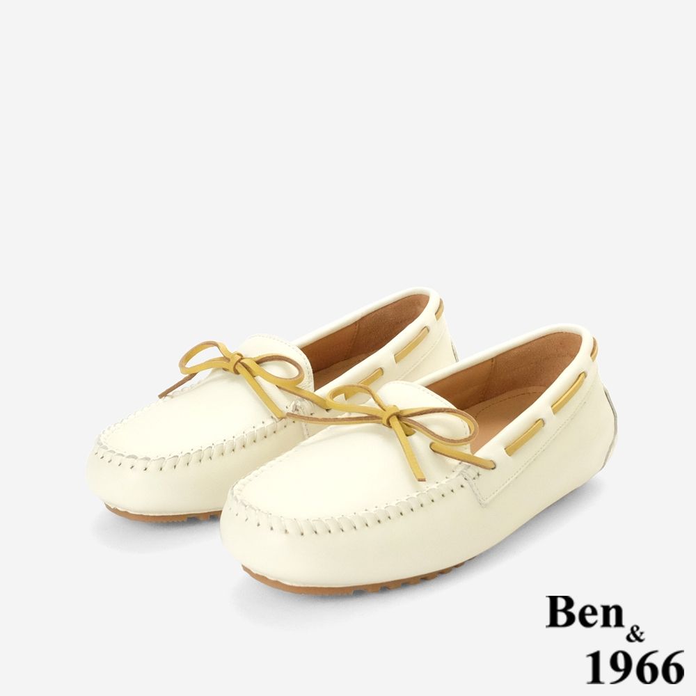 Ben&1966高級頭層牛皮舒適經典百搭內增高樂福鞋-米白(258132)