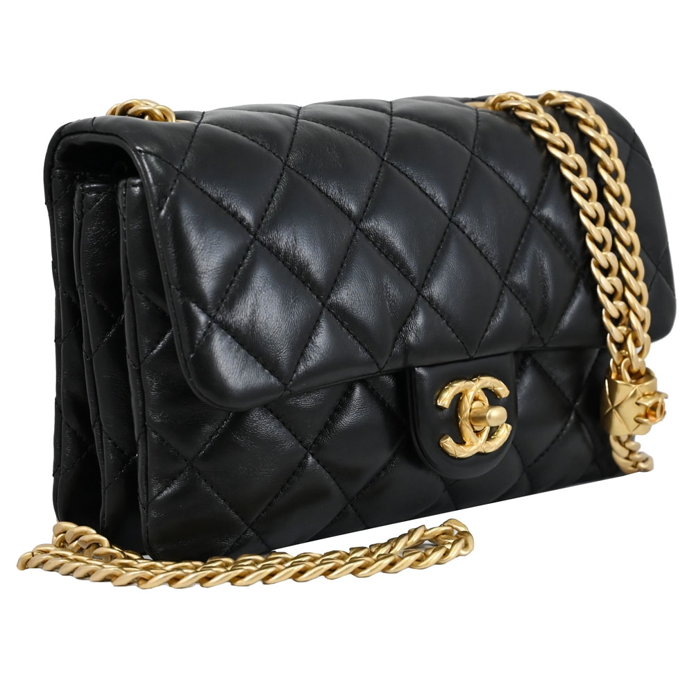 CHANEL 復古菱格調節扣小羊皮翻蓋斜背鍊包/金球包(黑/金) | 斜背包/鍊帶包| Yahoo購物中心