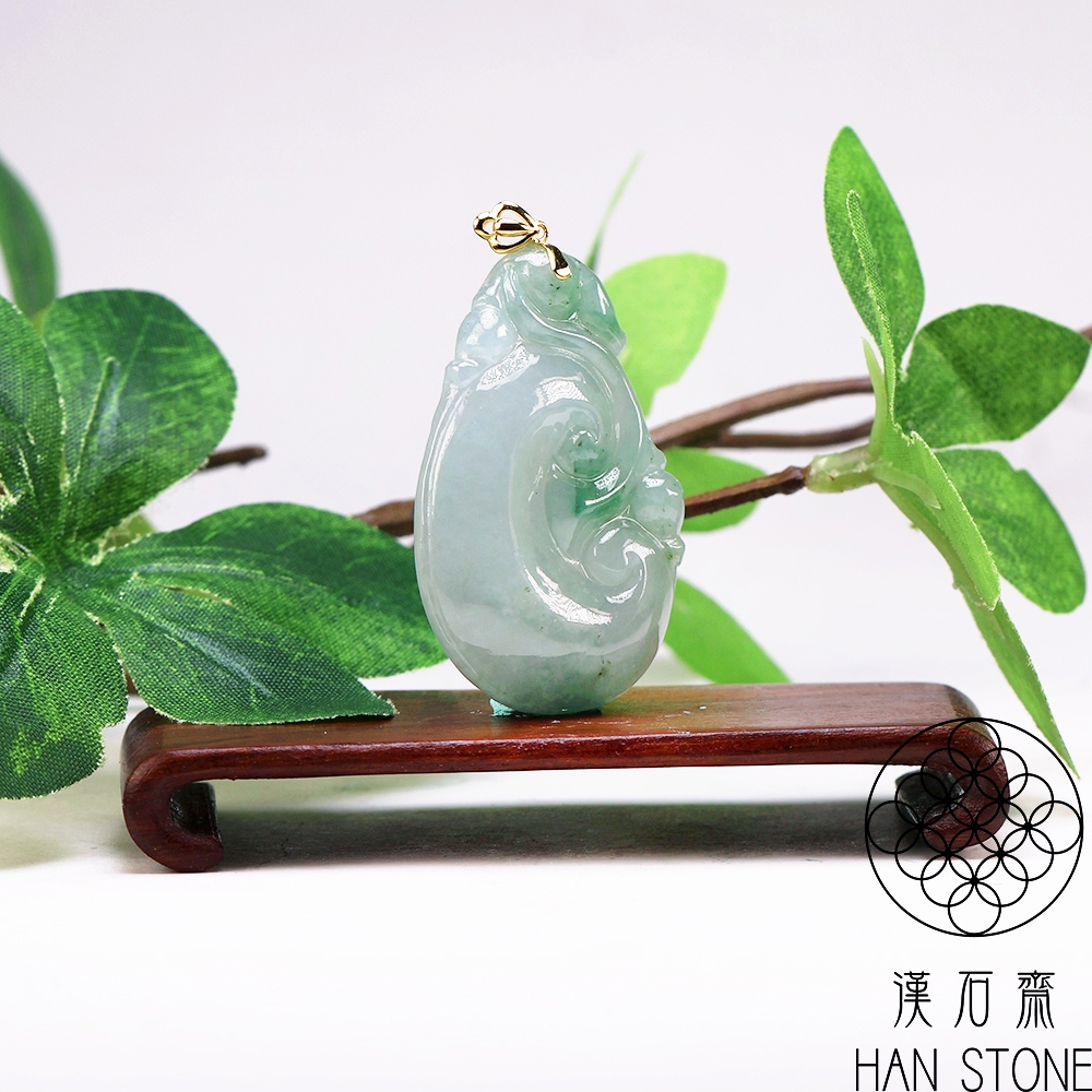 漢石齋】天然翡翠A貨如意18K金墜頭玉佩吊墜冰糯種飄花(24*37*5mm) | 漢