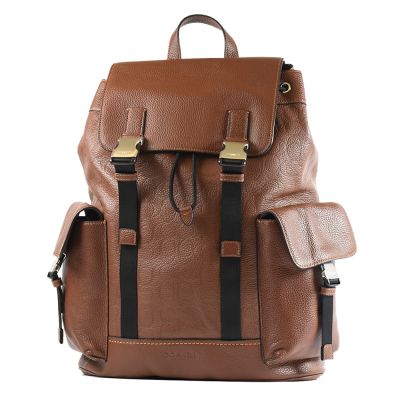 COACH 男款 Clark 鵝卵石紋壓印LOGO插釦翻蓋束口後背包-咖啡色