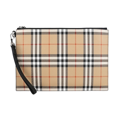 BURBERRY 巴寶莉 EDIN內燙銀LOGO格紋設計PVC男士拉鍊手拿包(典藏米)