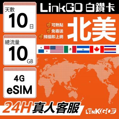 LinkGO白鑽卡 北美 eSIM卡 AT&T/Verizon 10天總流量10GB(北美網絡卡 美國 加拿大 墨西哥 巴拿馬)