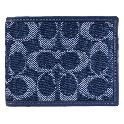 COACH 滿版緹花LOGO牛仔布對開式6卡短夾(藍)