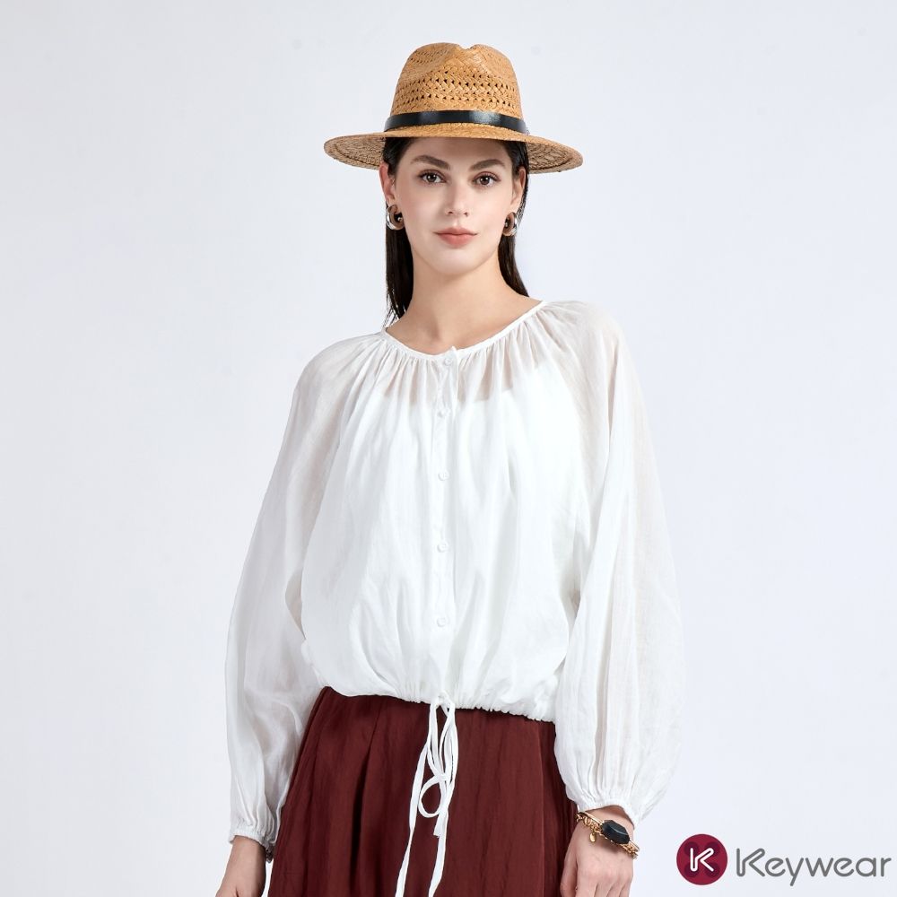 KeyWear奇威名品      苧麻抽繩澎袖上衣(共2色)-白色