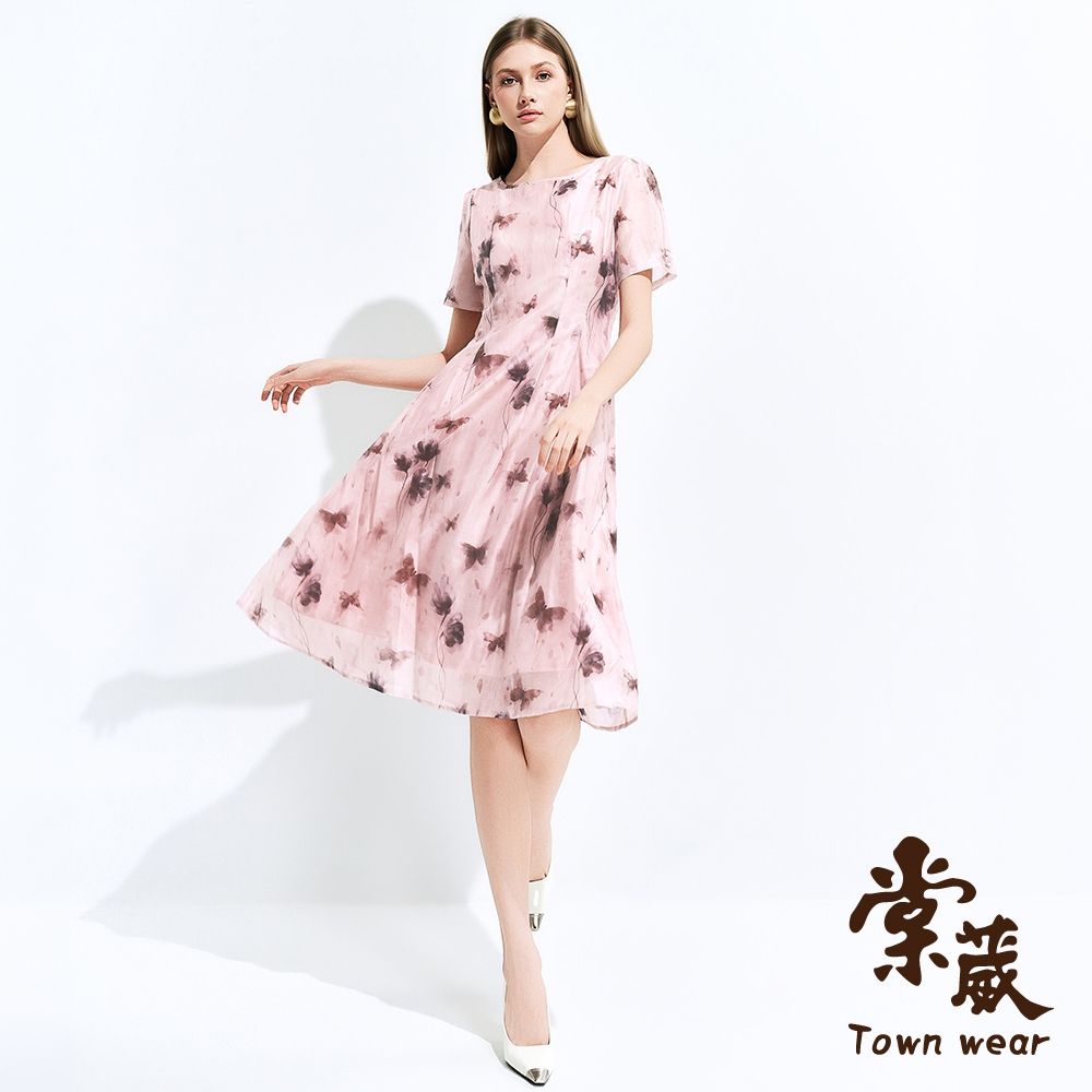 【TOWNWEAR棠葳】柔霧花影輕柔天絲洋裝(女上衣/連身裙/洋裝/短袖/花朵/印花/暈染/輕盈/舒適/氣質) (粉紅色系)