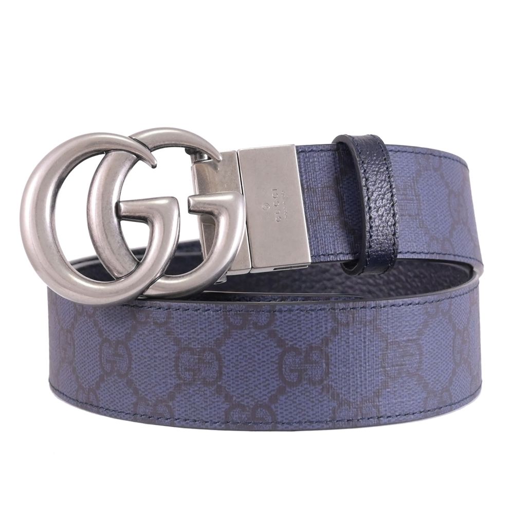 GUCCI GG Marmont 經典雙G印花拼接皮革雙面皮帶(深藍)