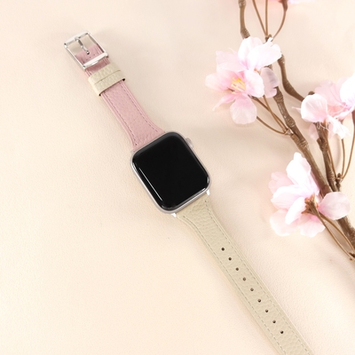 Apple Watch 全系列通用錶帶 蘋果手錶替用錶帶 雙色真皮錶帶-粉x米白色