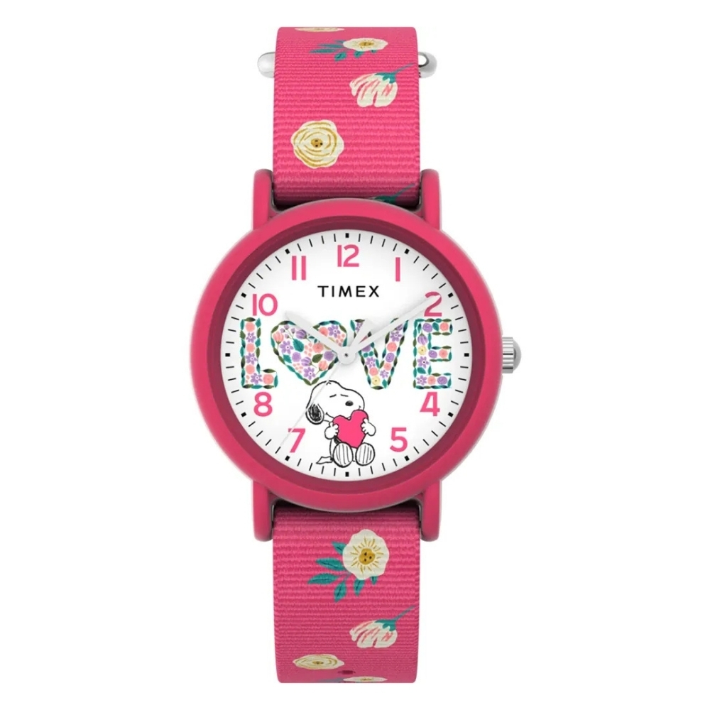 TIMEX  天美時 x Peanuts  34毫米 史努比 擁抱愛 花卉帆布錶帶手錶(粉TXTW2W83200)
