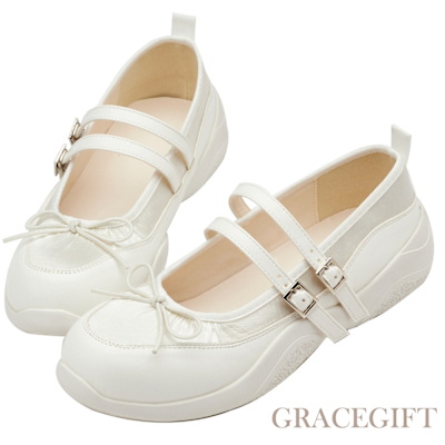 【Grace Gift】緞光蝴蝶結2WAY雙帶瑪莉珍芭蕾舞運動鞋 米白