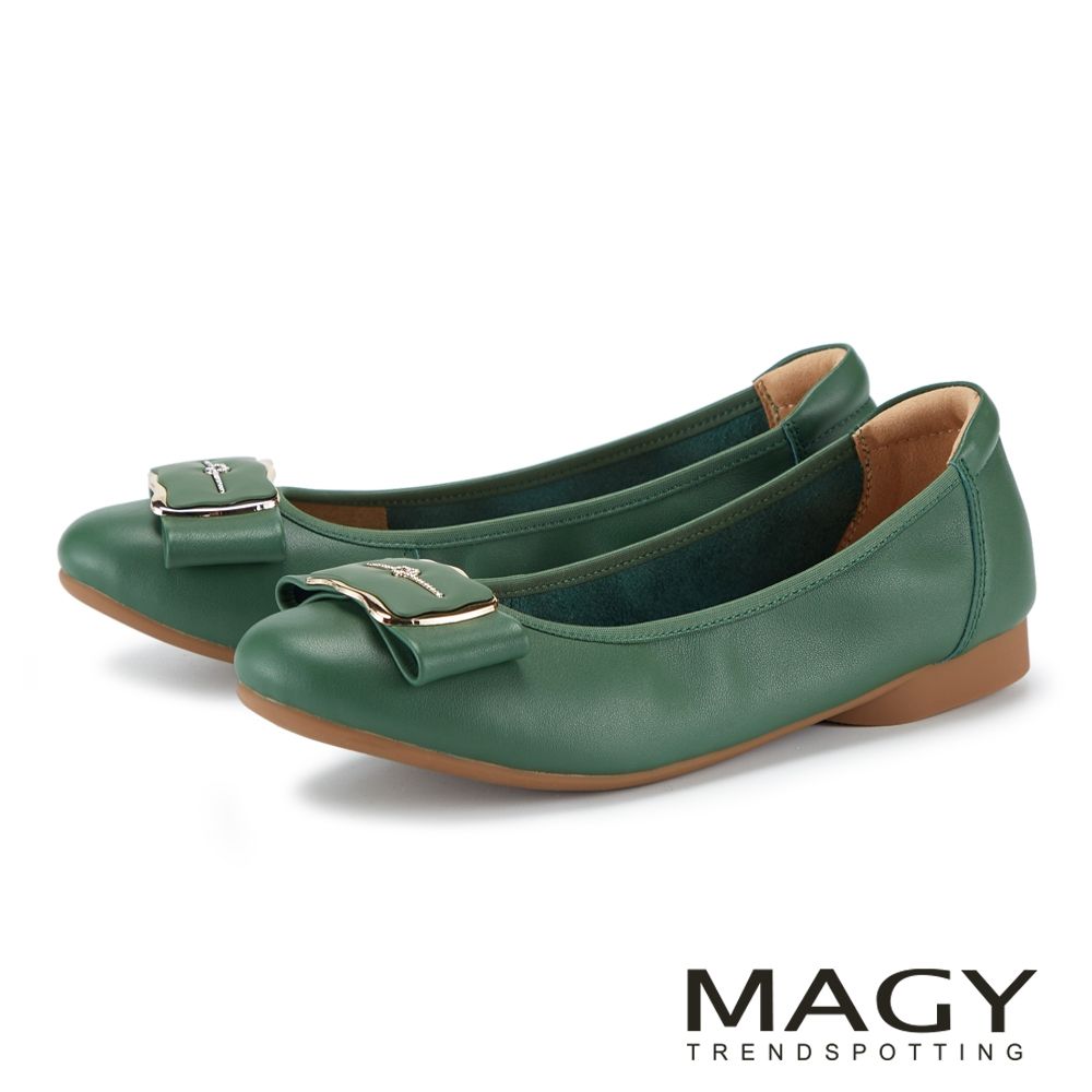 MAGY 牛皮金屬蝴蝶結質感平底鞋 綠色