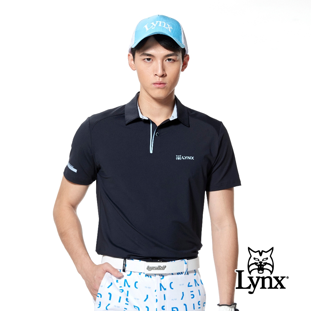 【Lynx Golf】男款合身版涼感透氣配布剪接門襟貼膜造型Lynx印花設計短袖POLO衫/高爾夫球衫(二色) (深藍色)