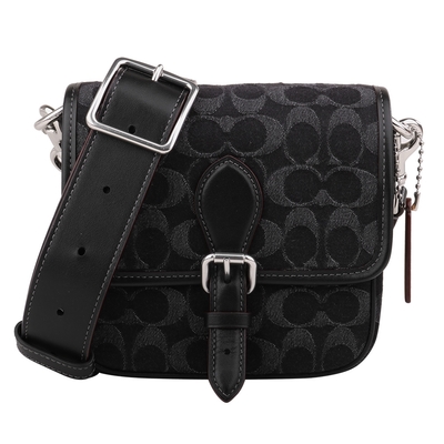 COACH CROSSBODY 18緹花大C標誌皮帶釦斜背包(黑灰)