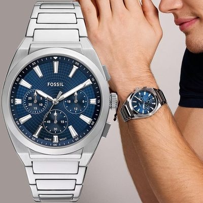 FOSSIL Everett 時尚三眼計時手錶 618質感盛典 送禮首選-銀x藍/44mm FS6104