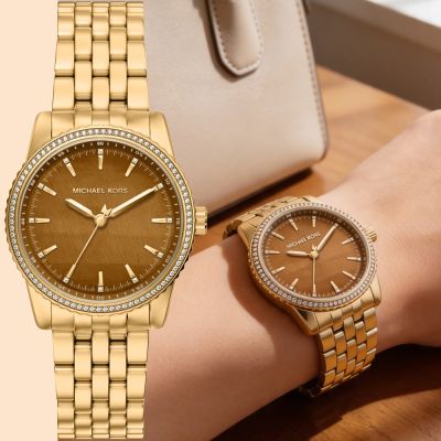 Michael Kors MK Bryant Pave 虎眼石紋晶鑽女錶 周年慶獻禮 送禮推薦-棕x金/35mm MK7581