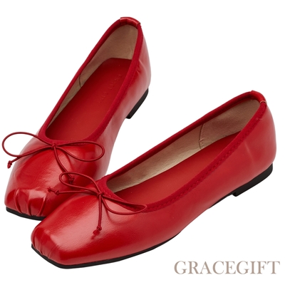 【Grace Gift】優雅方頭蝴蝶結芭蕾舞平底娃娃鞋 正紅