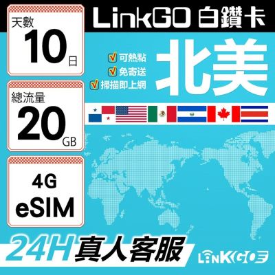 LinkGO白鑽卡 北美 eSIM卡 AT&T/Verizon 10天總流量20GB(北美網絡卡 美國 加拿大 墨西哥)