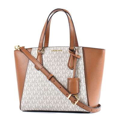 MICHAEL KORS 專櫃款 Taryn 緹花LOGO防刮拚皮革手提/斜背二用包-香草白/小