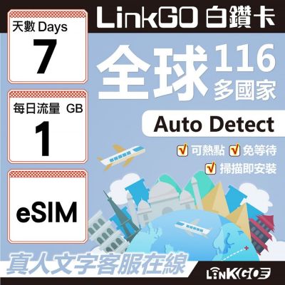 LINKGO白鑽卡 全球116國 eSIM卡 7天上網絡卡 每日1GB(全球網絡卡 亞洲 歐洲 美洲 大洋洲 非洲)