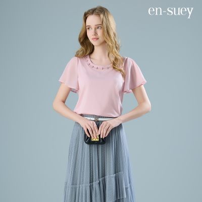 【en-suey 銀穗】網路限定 異素材拼接縫珠荷葉袖上衣
