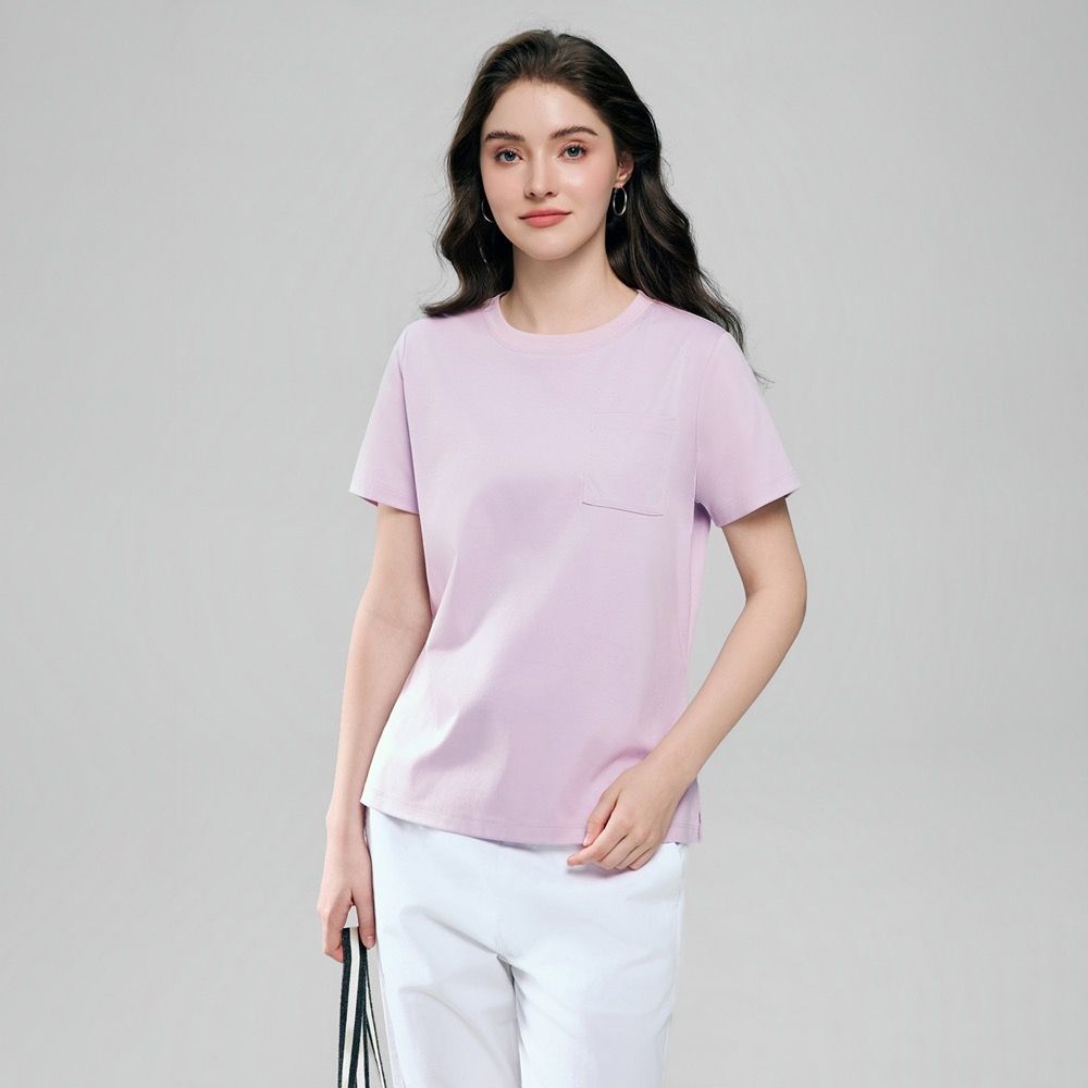 GIORDANO 女裝抗皺口袋短袖T恤 Liquid Touch系列【多色任選】 (34 青紫)