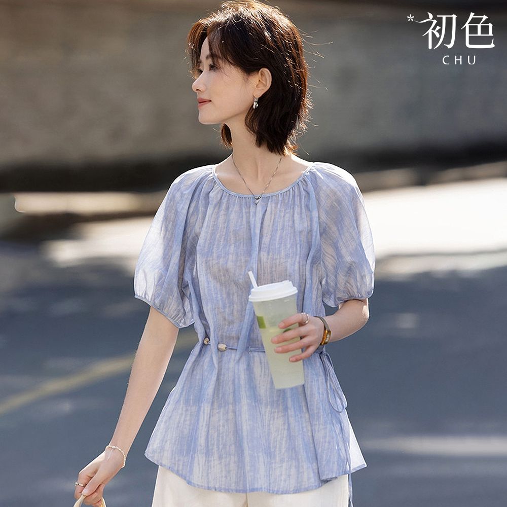 初色 休閒風寬鬆圓領短袖泡泡袖貝殼收腰綁帶褶皺T恤上衣女上衣-藍紫色-51970(M-3XL可選)