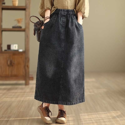 【LANNI 藍尼】現+預 鬆緊腰頭牛仔長裙(長裙/女裝/通勤/裙子/牛仔裙)