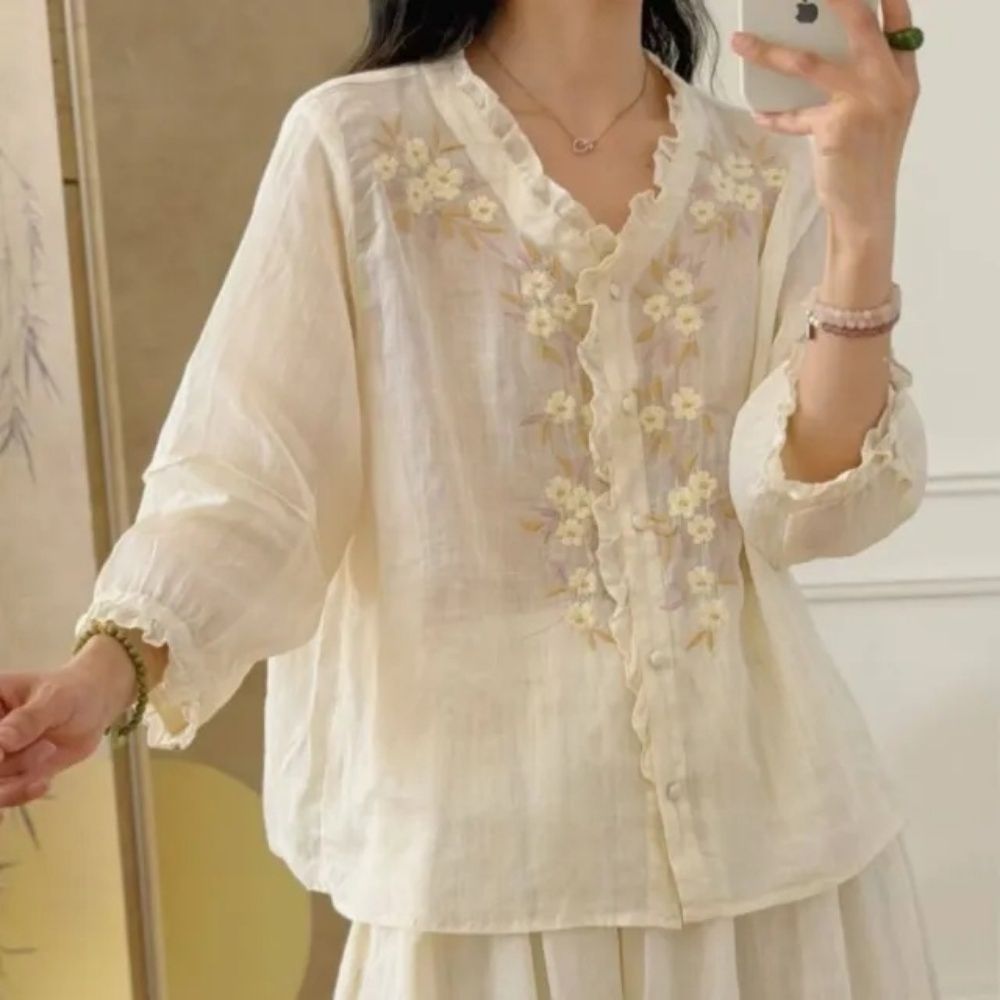 【LANNI 藍尼】★文藝刺繡透氣棉麻襯衫(女裝/女上衣/棉麻衫/休閒/優雅/日系/通勤) (杏)