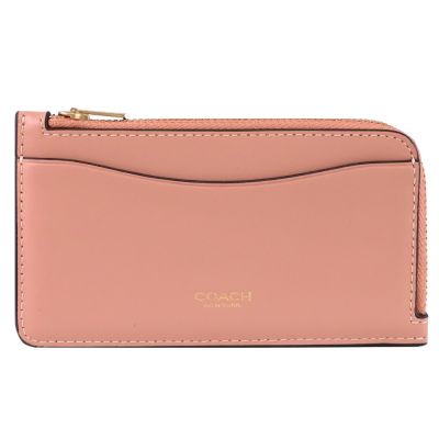 COACH 燙金LOGO滑面皮革L型拉鍊零錢包(粉)