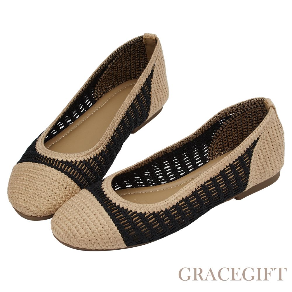 【Grace Gift】法式輕透編織拼色平底娃娃鞋 黑